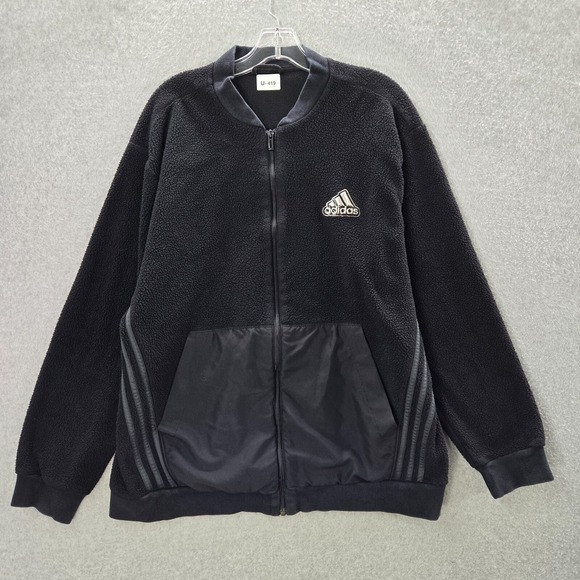 Adidas Men Bomber Jacket Large Black Sherpa Fleece Logo Pockets Long Sleeve - Picture 1 of 10